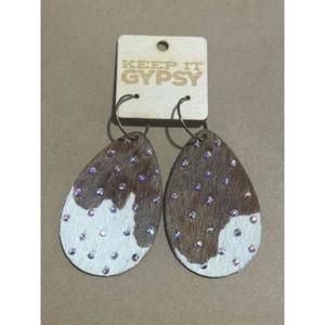 NEW KEEP IT GYPSY women's cowhide with crystals earrings in brown/white